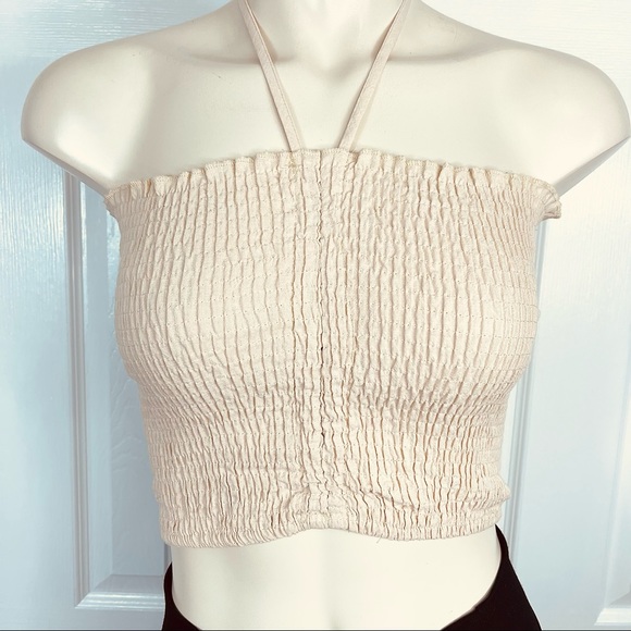 hers & mine Tops - Hers & Mine Halter crop top tube top stretchy smocked tube top taupe L